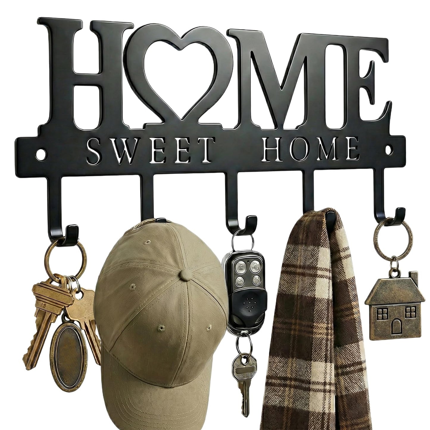 Entryway Wall Key Holder with 5 Hooks, Metal Key Rack Wall Mount for Keys, Bags and Leashes, Decorative Organizer for Entryway, Mudroom or Hallway, Sweet Home Design, 9.8 inches, Black