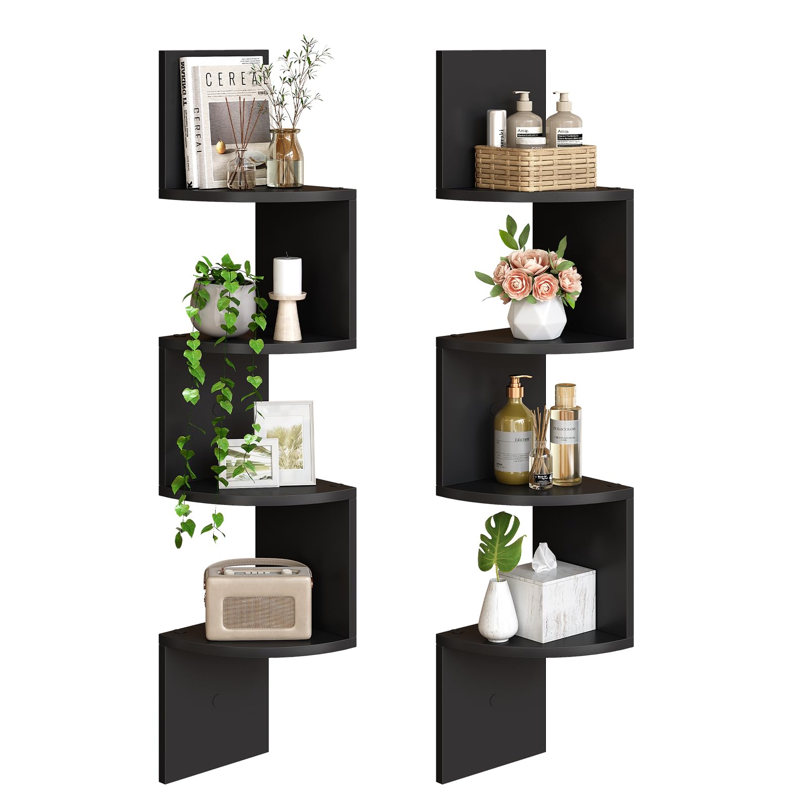 HOOBRO Corner Shelf Wall-Mounted, Set of 2 Floating Corner Shelves for Wall, 4-Tier Corner Bookshelves for Living Room, Bedroom, Bathroom, Home Office, Rustic Brown BF25BJP201