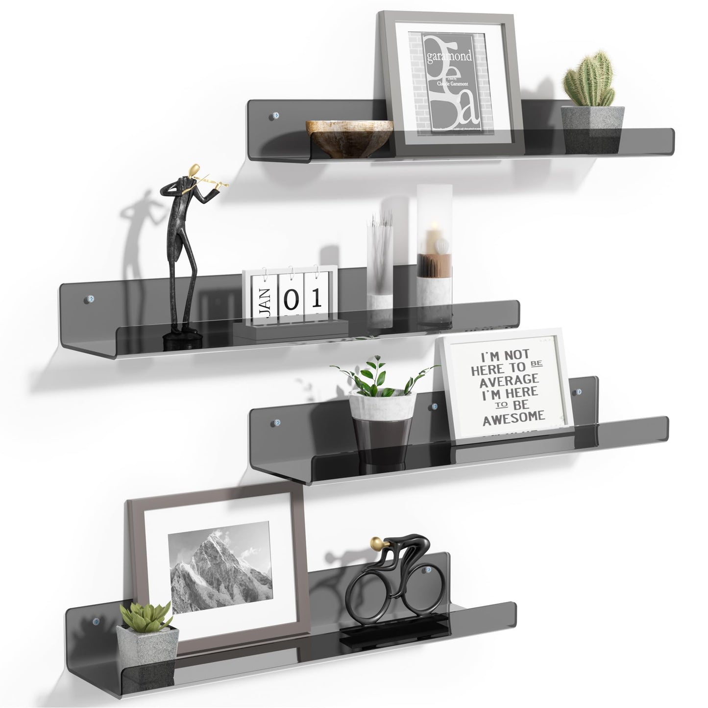 upsimples 4 Pcs 15" Acrylic Shelves for Wall Storage and Organizer, Clear | Transparent Design Highlights Skincare, Perfume, Easy-to-Find Versatile Floating Shelves for Bathroom, Bedroom and Playroom