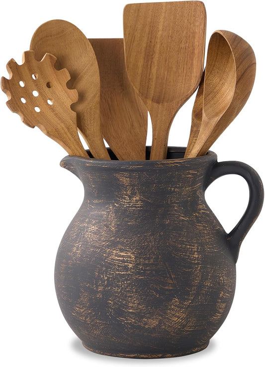 MIYUKI Rustic Kitchen Utensil Holder - 7.6 Inch Ceramic Utensil Crock for Countertop, Vintage Kitchen Counter Decor