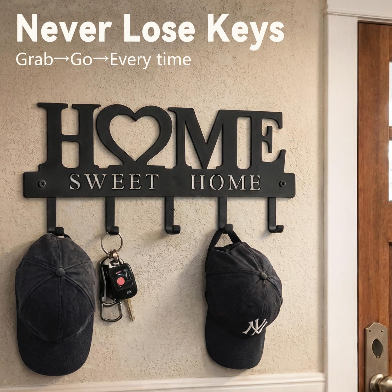 Entryway Wall Key Holder with 5 Hooks, Metal Key Rack Wall Mount for Keys, Bags and Leashes, Decorative Organizer for Entryway, Mudroom or Hallway, Sweet Home Design, 9.8 inches, Black