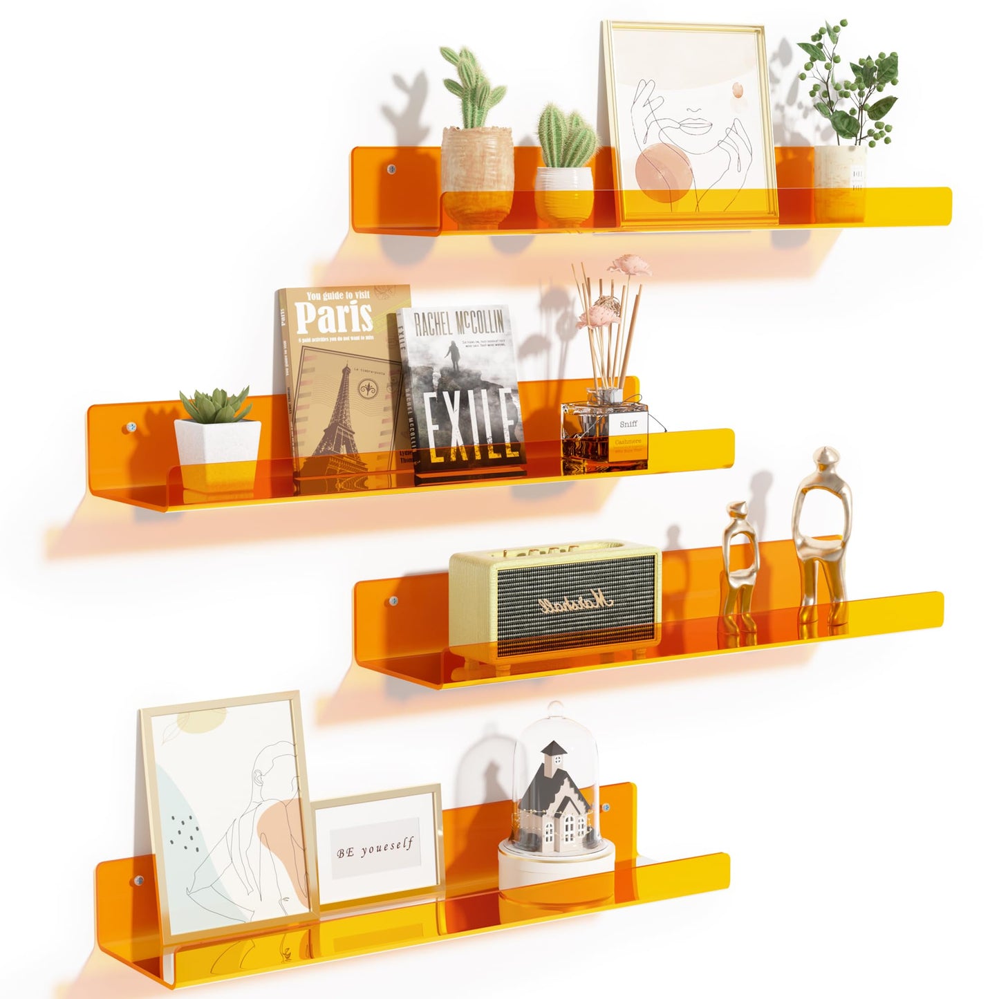 upsimples 4 Pcs 15" Acrylic Shelves for Wall Storage and Organizer, Clear | Transparent Design Highlights Skincare, Perfume, Easy-to-Find Versatile Floating Shelves for Bathroom, Bedroom and Playroom