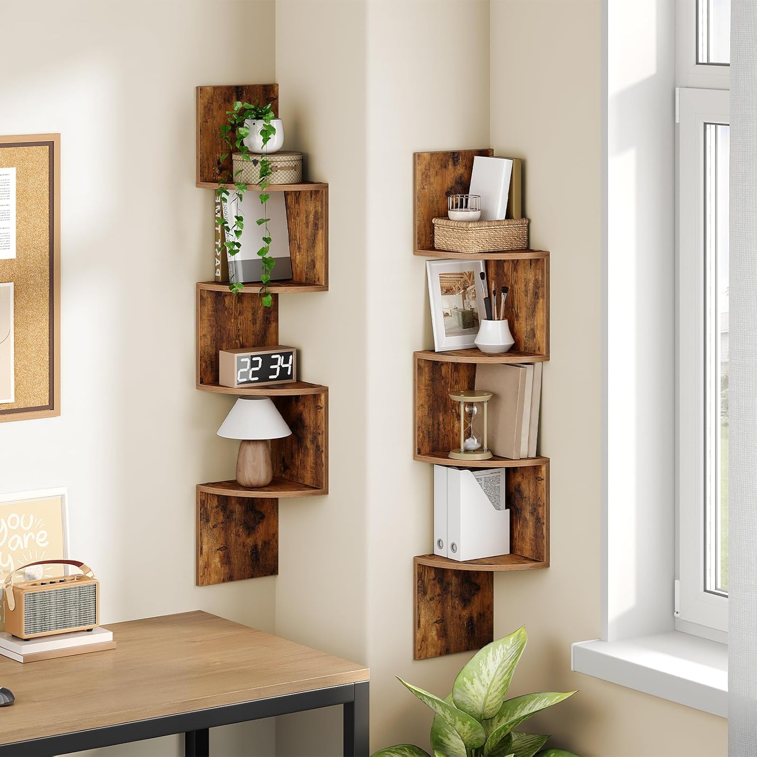 HOOBRO Corner Shelf Wall-Mounted, Set of 2 Floating Corner Shelves for Wall, 4-Tier Corner Bookshelves for Living Room, Bedroom, Bathroom, Home Office, Rustic Brown BF25BJP201