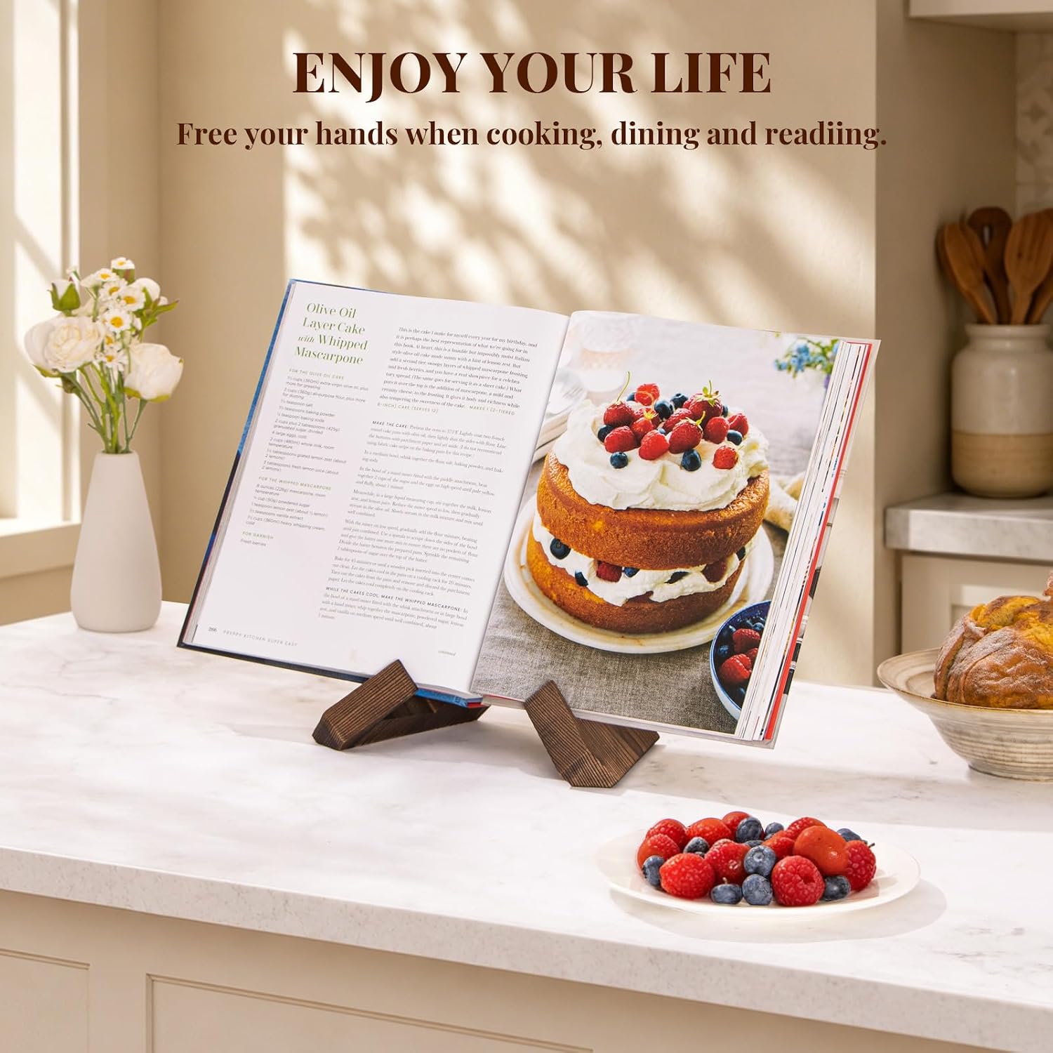 Cookbook Stand for Kitchen, Recipe Book Holder for Kitchen Counter | Wooden Cookbook Holder, Rustic Cook Book Holder Stand - Rustic Brown - 1 Set