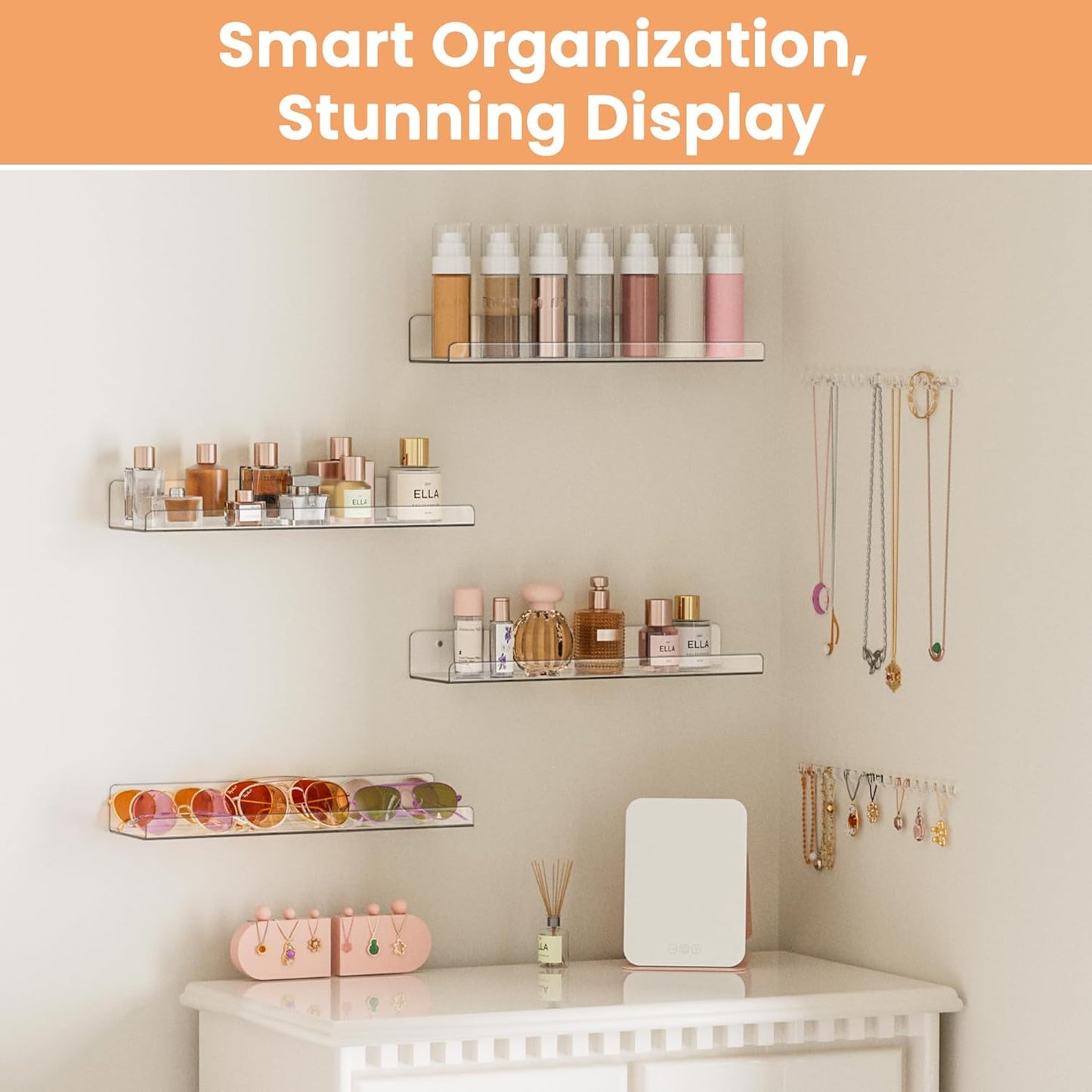 upsimples 4 Pcs 15" Acrylic Shelves for Wall Storage and Organizer, Clear | Transparent Design Highlights Skincare, Perfume, Easy-to-Find Versatile Floating Shelves for Bathroom, Bedroom and Playroom