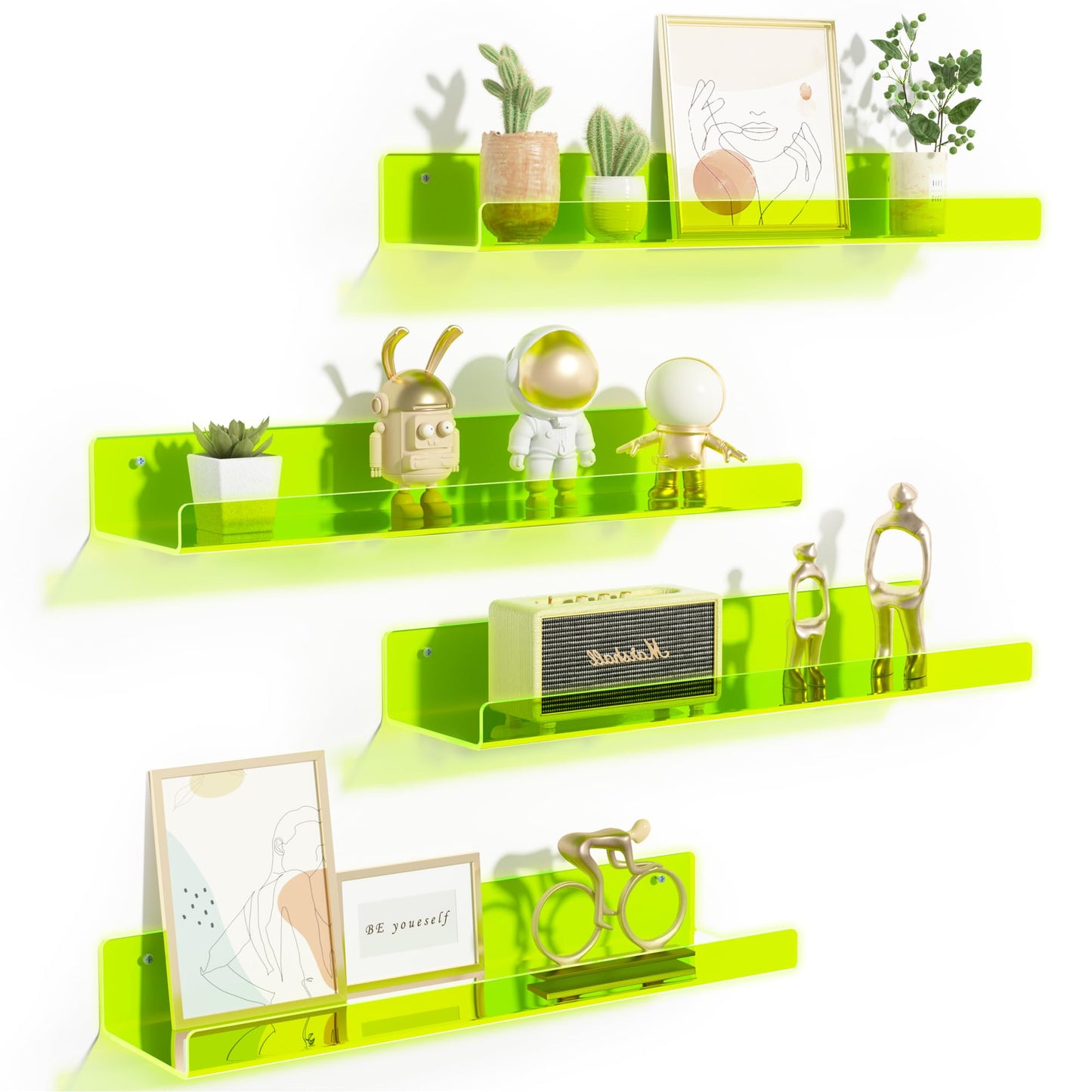 upsimples 4 Pcs 15" Acrylic Shelves for Wall Storage and Organizer, Clear | Transparent Design Highlights Skincare, Perfume, Easy-to-Find Versatile Floating Shelves for Bathroom, Bedroom and Playroom