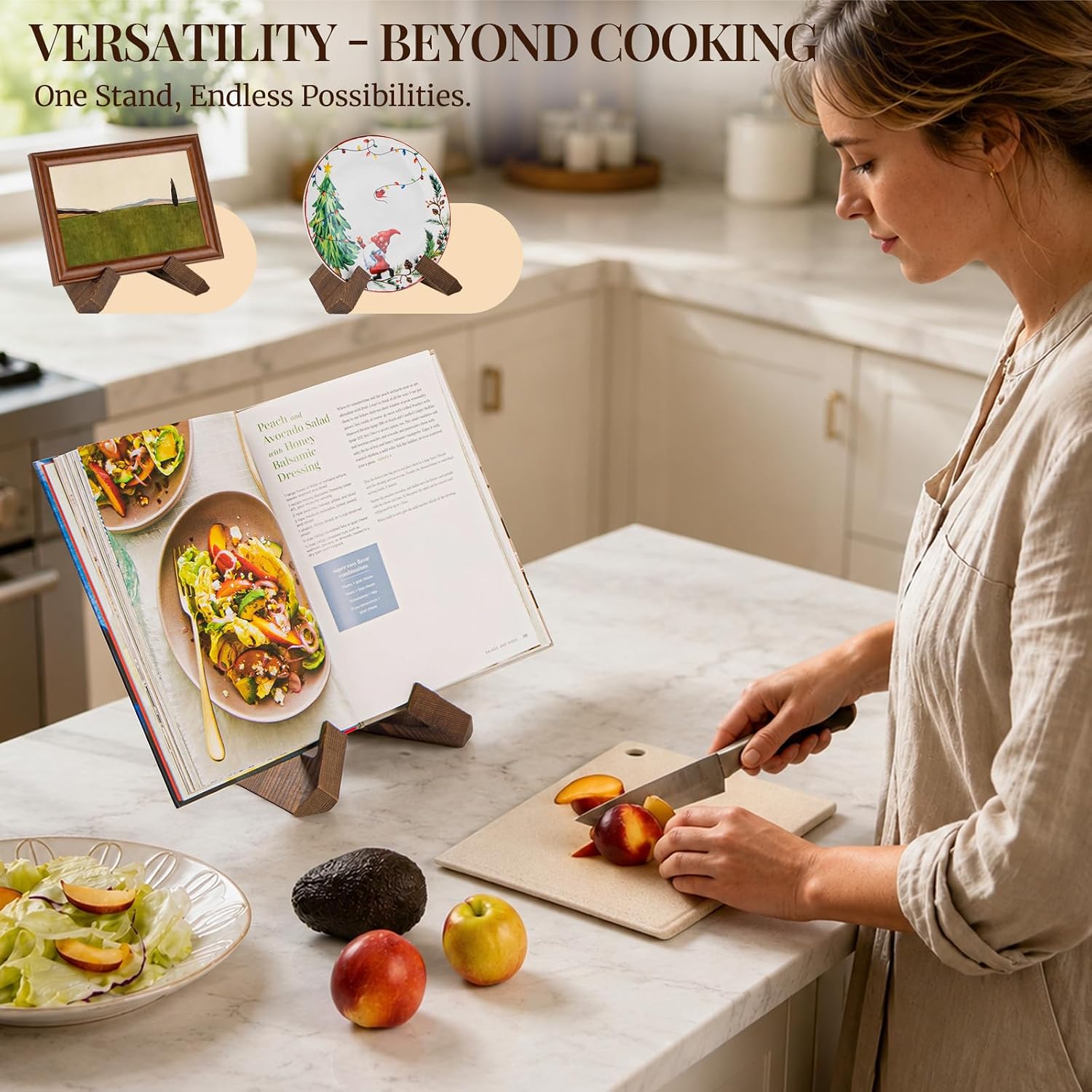 Cookbook Stand for Kitchen, Recipe Book Holder for Kitchen Counter | Wooden Cookbook Holder, Rustic Cook Book Holder Stand - Rustic Brown - 1 Set