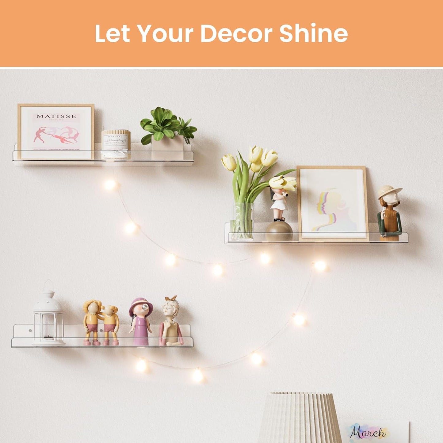 upsimples 4 Pcs 15" Acrylic Shelves for Wall Storage and Organizer, Clear | Transparent Design Highlights Skincare, Perfume, Easy-to-Find Versatile Floating Shelves for Bathroom, Bedroom and Playroom