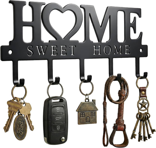 Entryway Wall Key Holder with 5 Hooks, Metal Key Rack Wall Mount for Keys, Bags and Leashes, Decorative Organizer for Entryway, Mudroom or Hallway, Sweet Home Design, 9.8 inches, Black