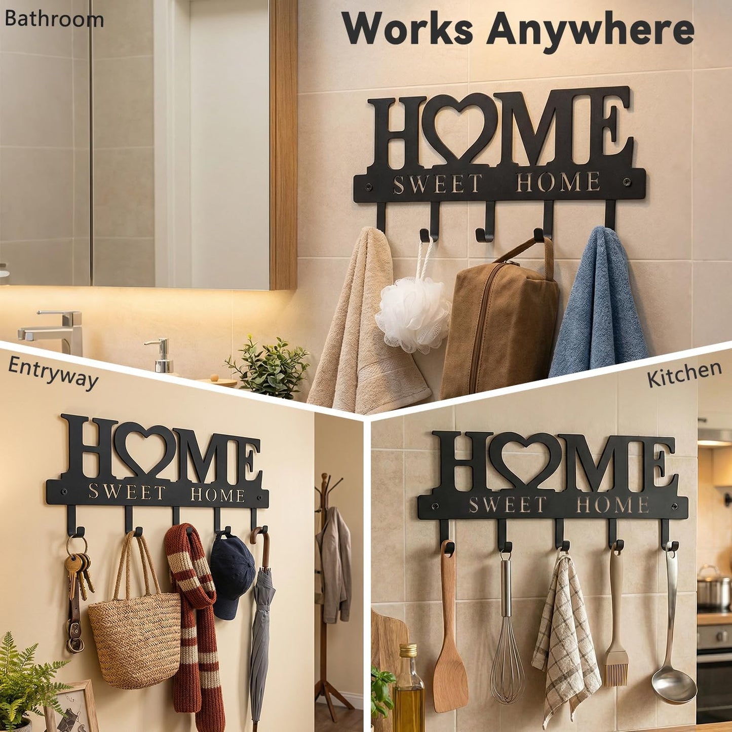 Entryway Wall Key Holder with 5 Hooks, Metal Key Rack Wall Mount for Keys, Bags and Leashes, Decorative Organizer for Entryway, Mudroom or Hallway, Sweet Home Design, 9.8 inches, Black