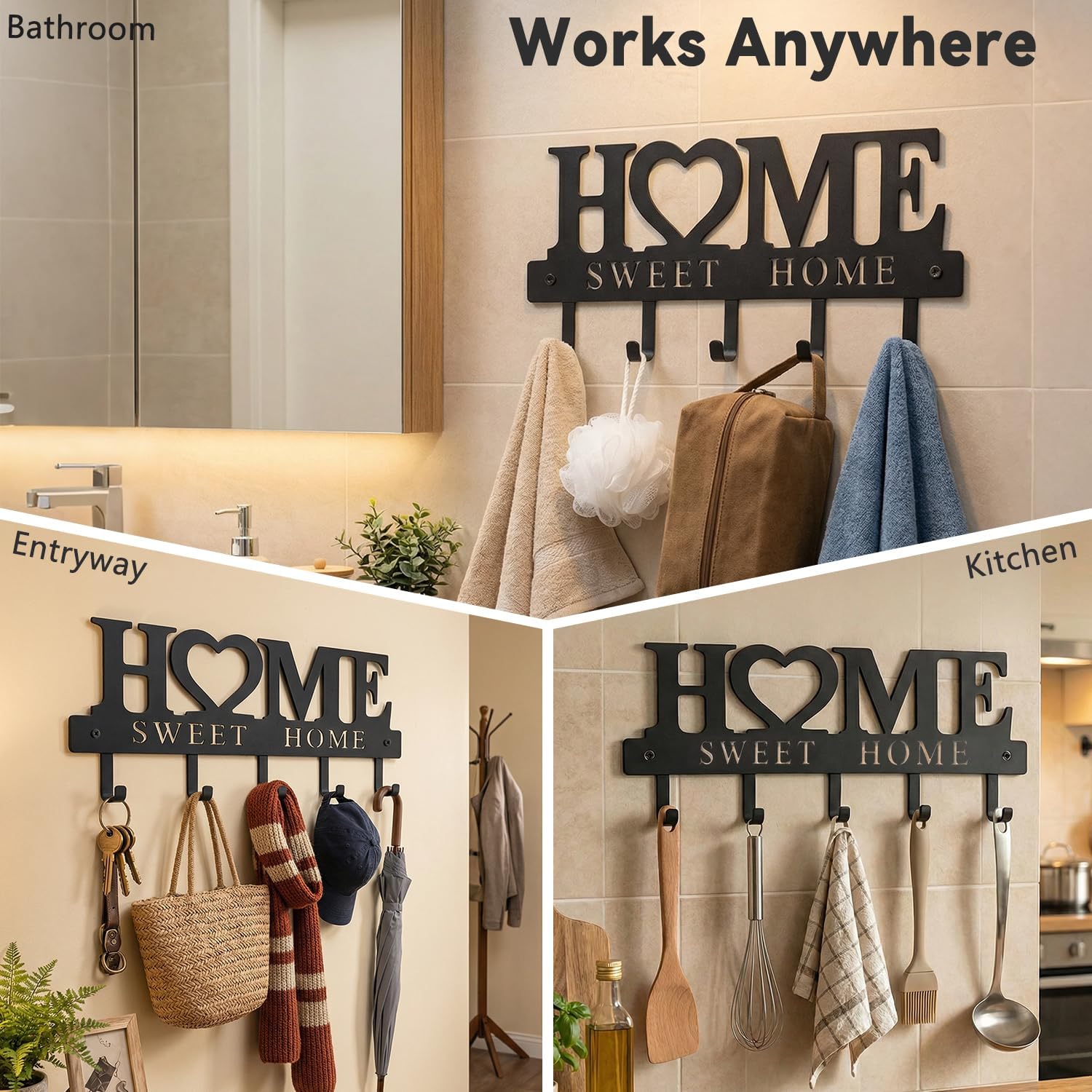 Entryway Wall Key Holder with 5 Hooks, Metal Key Rack Wall Mount for Keys, Bags and Leashes, Decorative Organizer for Entryway, Mudroom or Hallway, Sweet Home Design, 9.8 inches, Black