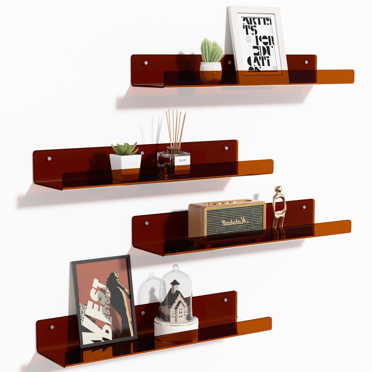 upsimples 4 Pcs 15" Acrylic Shelves for Wall Storage and Organizer, Clear | Transparent Design Highlights Skincare, Perfume, Easy-to-Find Versatile Floating Shelves for Bathroom, Bedroom and Playroom