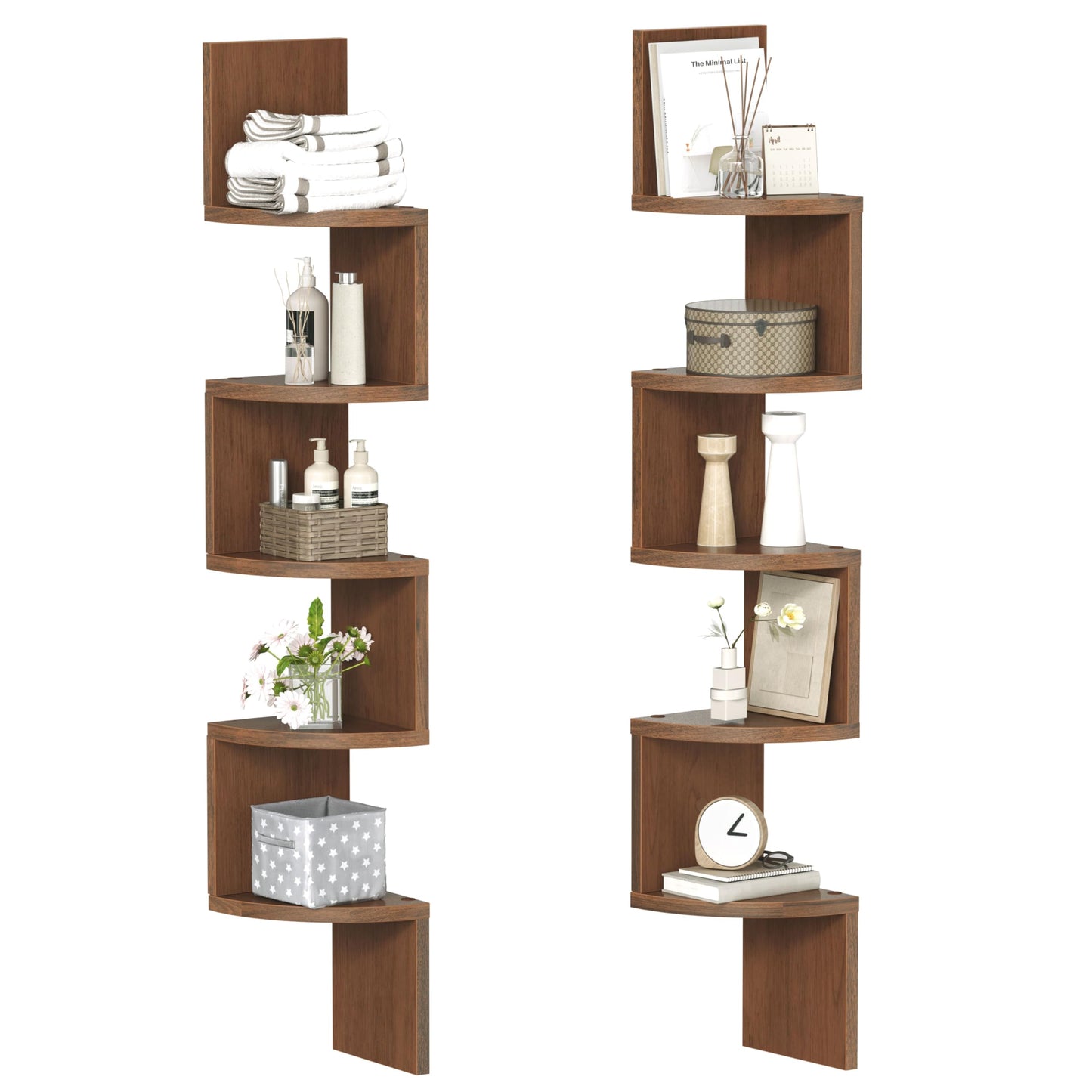 HOOBRO Corner Shelf Wall-Mounted, Set of 2 Floating Corner Shelves for Wall, 4-Tier Corner Bookshelves for Living Room, Bedroom, Bathroom, Home Office, Rustic Brown BF25BJP201