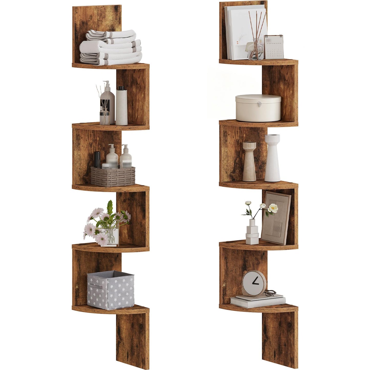 HOOBRO Corner Shelf Wall-Mounted, Set of 2 Floating Corner Shelves for Wall, 4-Tier Corner Bookshelves for Living Room, Bedroom, Bathroom, Home Office, Rustic Brown BF25BJP201