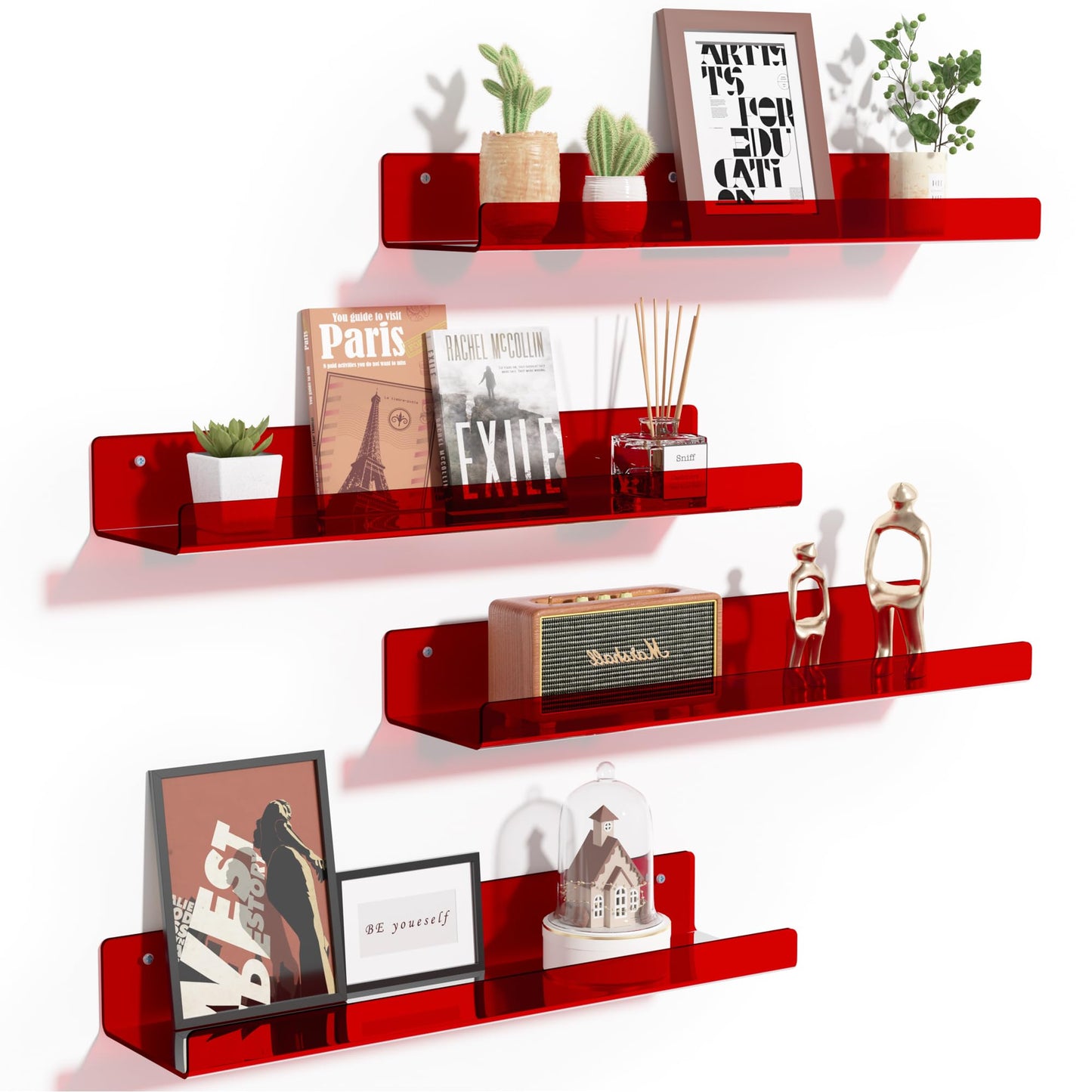 upsimples 4 Pcs 15" Acrylic Shelves for Wall Storage and Organizer, Clear | Transparent Design Highlights Skincare, Perfume, Easy-to-Find Versatile Floating Shelves for Bathroom, Bedroom and Playroom