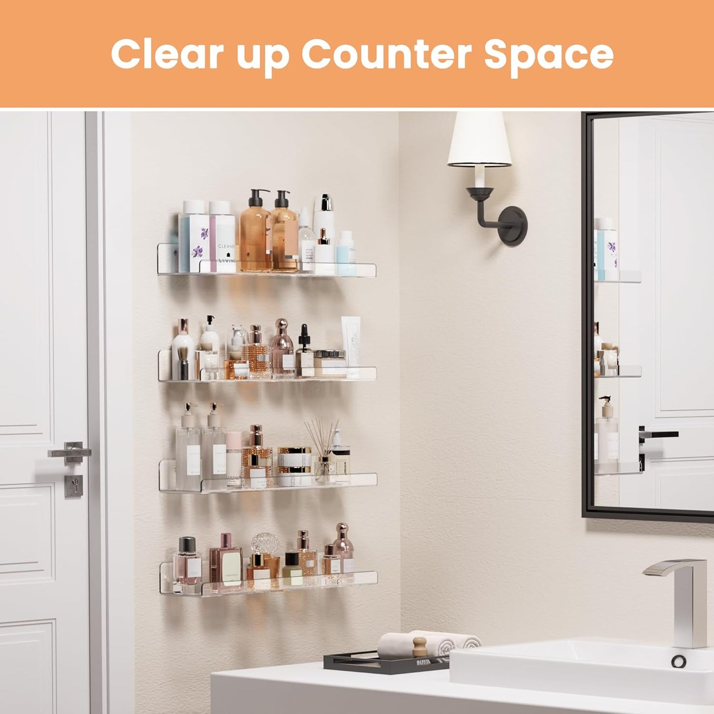 upsimples 4 Pcs 15" Acrylic Shelves for Wall Storage and Organizer, Clear | Transparent Design Highlights Skincare, Perfume, Easy-to-Find Versatile Floating Shelves for Bathroom, Bedroom and Playroom