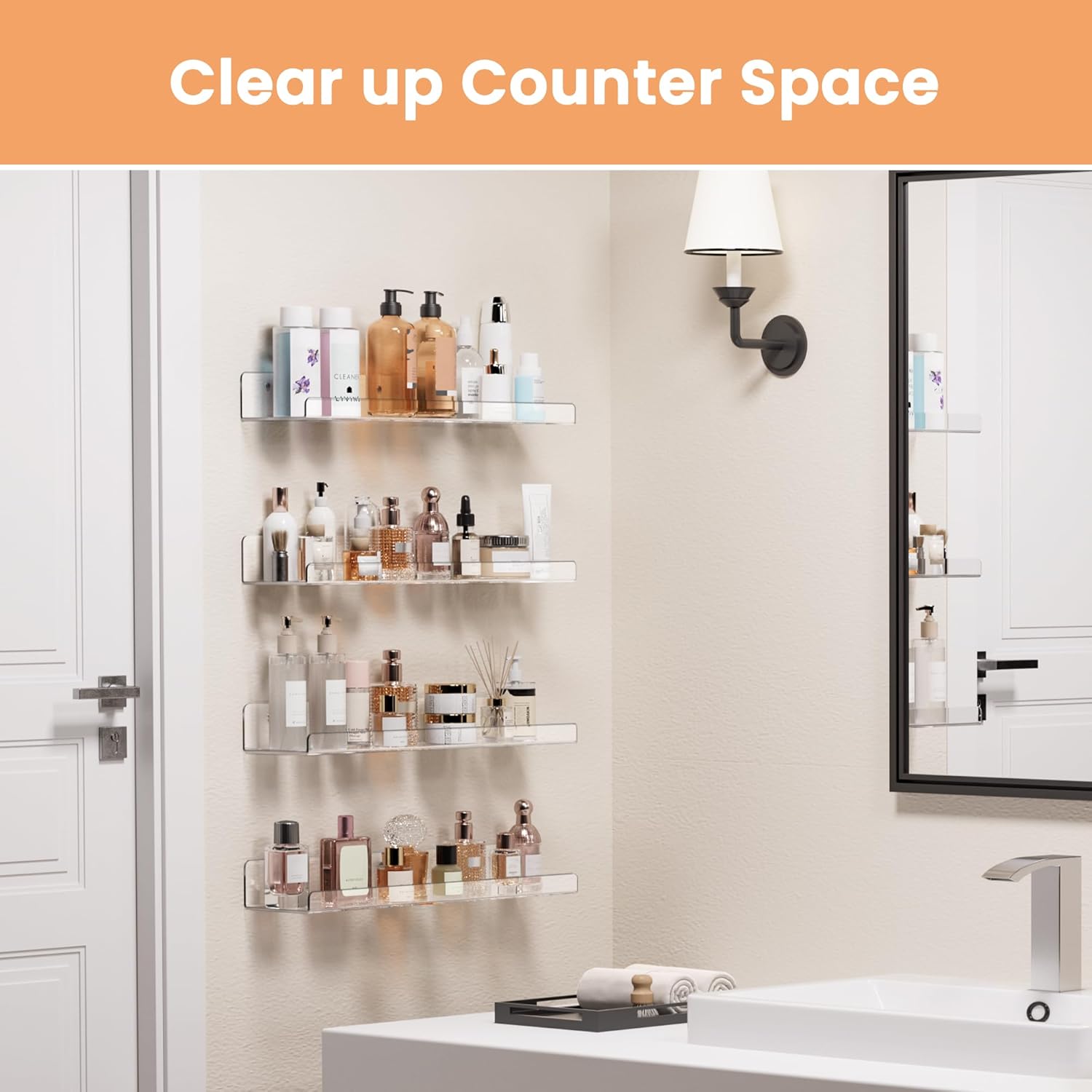 upsimples 4 Pcs 15" Acrylic Shelves for Wall Storage and Organizer, Clear | Transparent Design Highlights Skincare, Perfume, Easy-to-Find Versatile Floating Shelves for Bathroom, Bedroom and Playroom