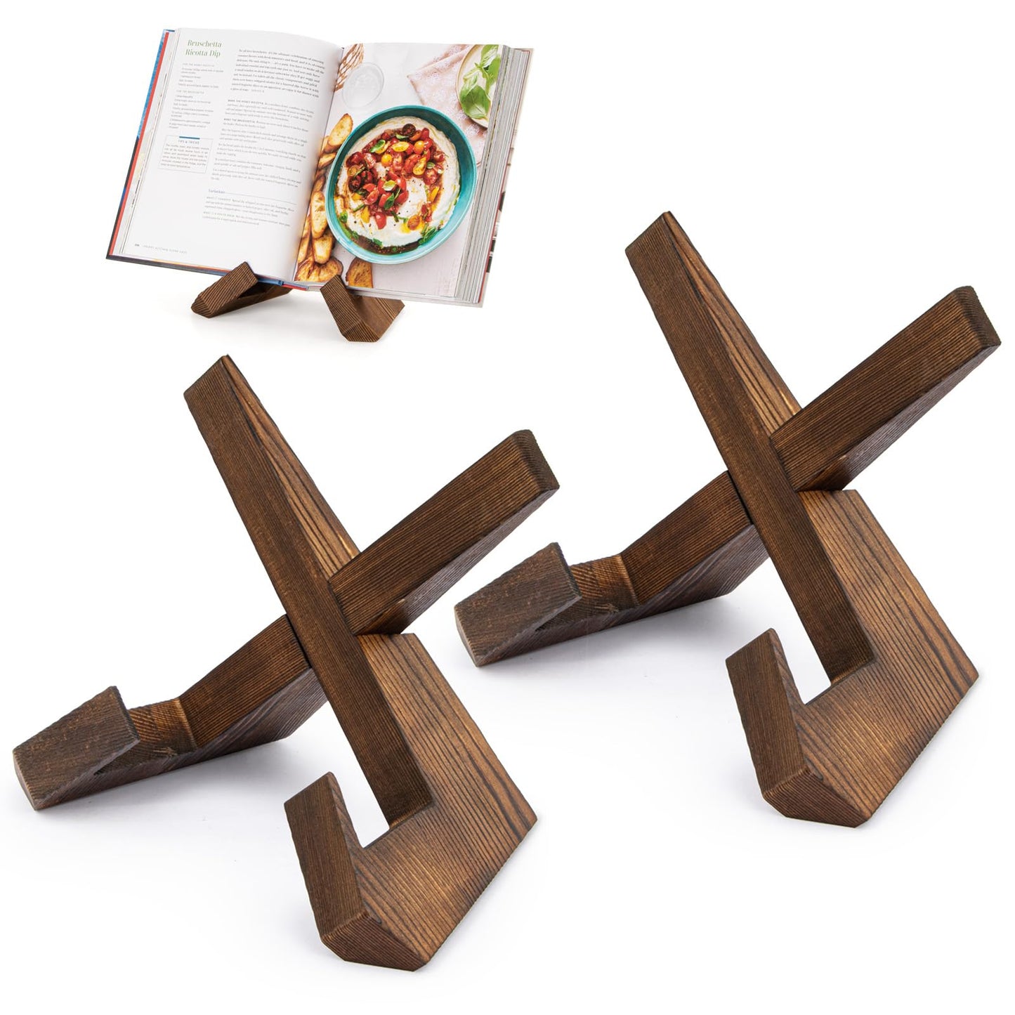 Cookbook Stand for Kitchen, Recipe Book Holder for Kitchen Counter | Wooden Cookbook Holder, Rustic Cook Book Holder Stand - Rustic Brown - 1 Set