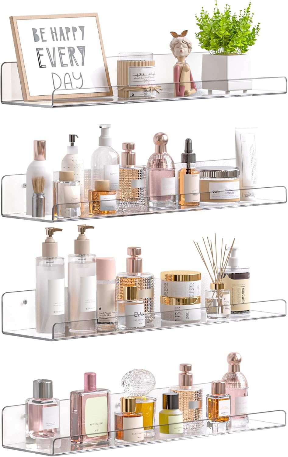 upsimples 4 Pcs 15" Acrylic Shelves for Wall Storage and Organizer, Clear | Transparent Design Highlights Skincare, Perfume, Easy-to-Find Versatile Floating Shelves for Bathroom, Bedroom and Playroom
