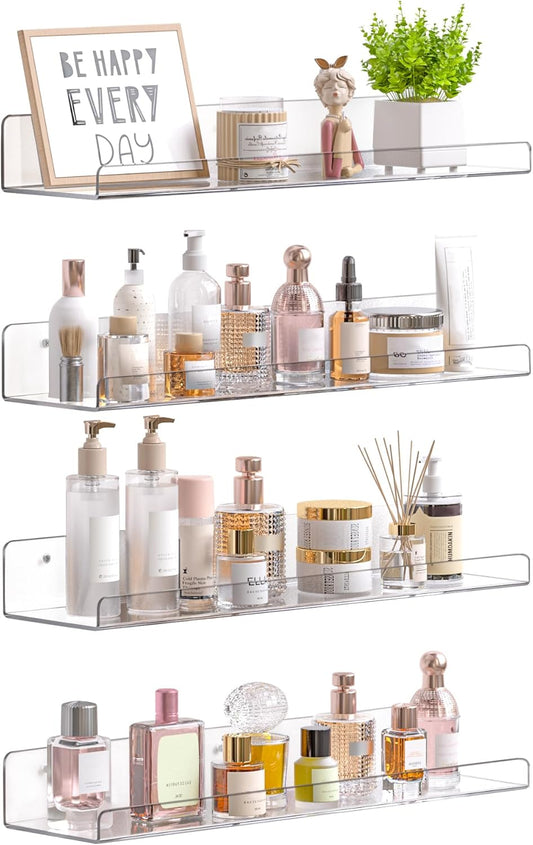 upsimples 4 Pcs 15" Acrylic Shelves for Wall Storage and Organizer, Clear | Transparent Design Highlights Skincare, Perfume, Easy-to-Find Versatile Floating Shelves for Bathroom, Bedroom and Playroom