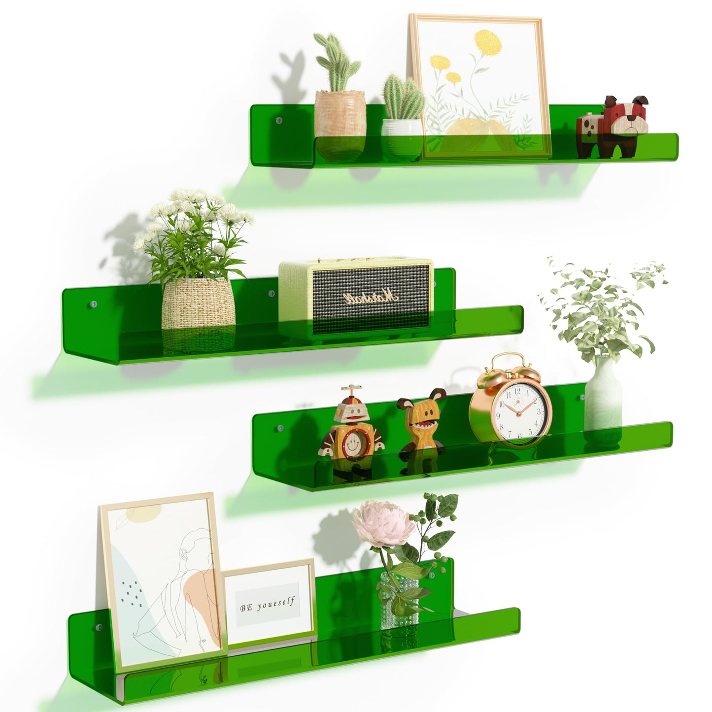 upsimples 4 Pcs 15" Acrylic Shelves for Wall Storage and Organizer, Clear | Transparent Design Highlights Skincare, Perfume, Easy-to-Find Versatile Floating Shelves for Bathroom, Bedroom and Playroom
