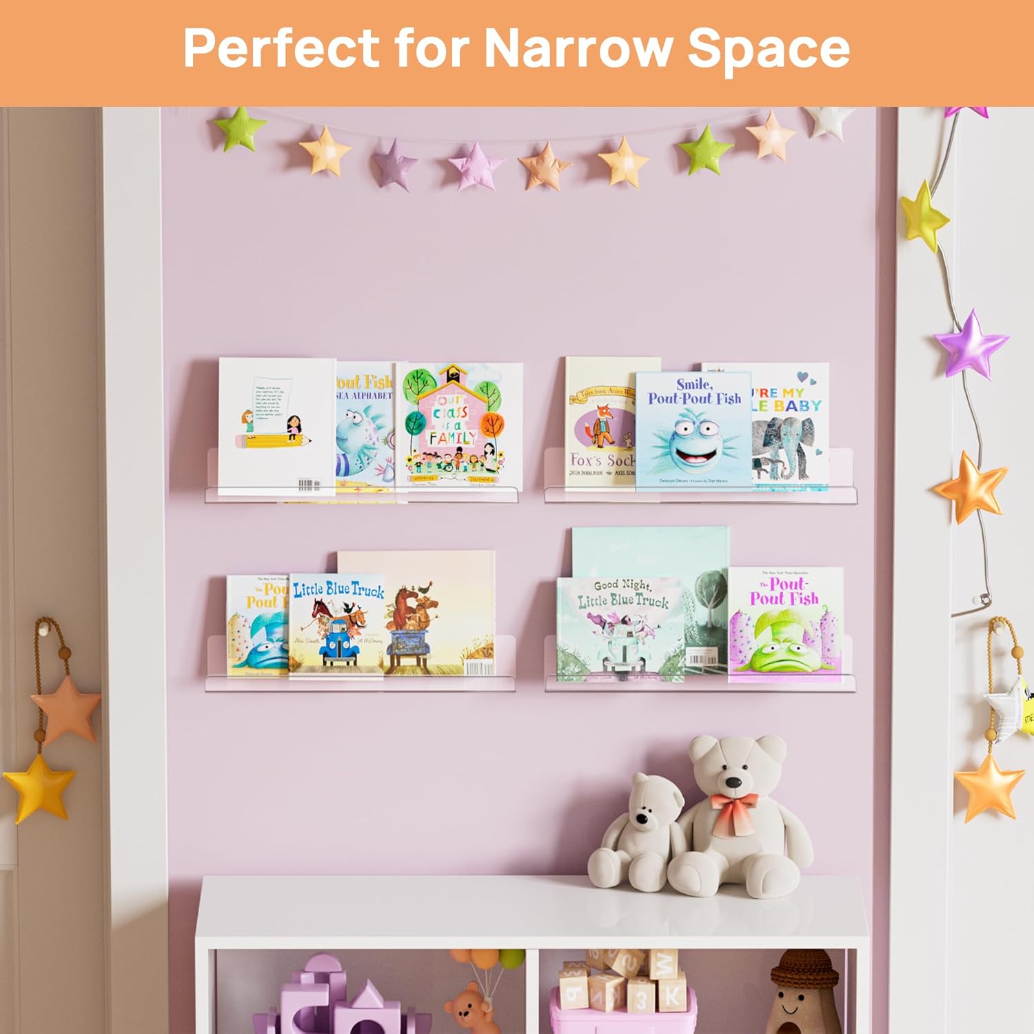 upsimples 4 Pcs 15" Acrylic Shelves for Wall Storage and Organizer, Clear | Transparent Design Highlights Skincare, Perfume, Easy-to-Find Versatile Floating Shelves for Bathroom, Bedroom and Playroom