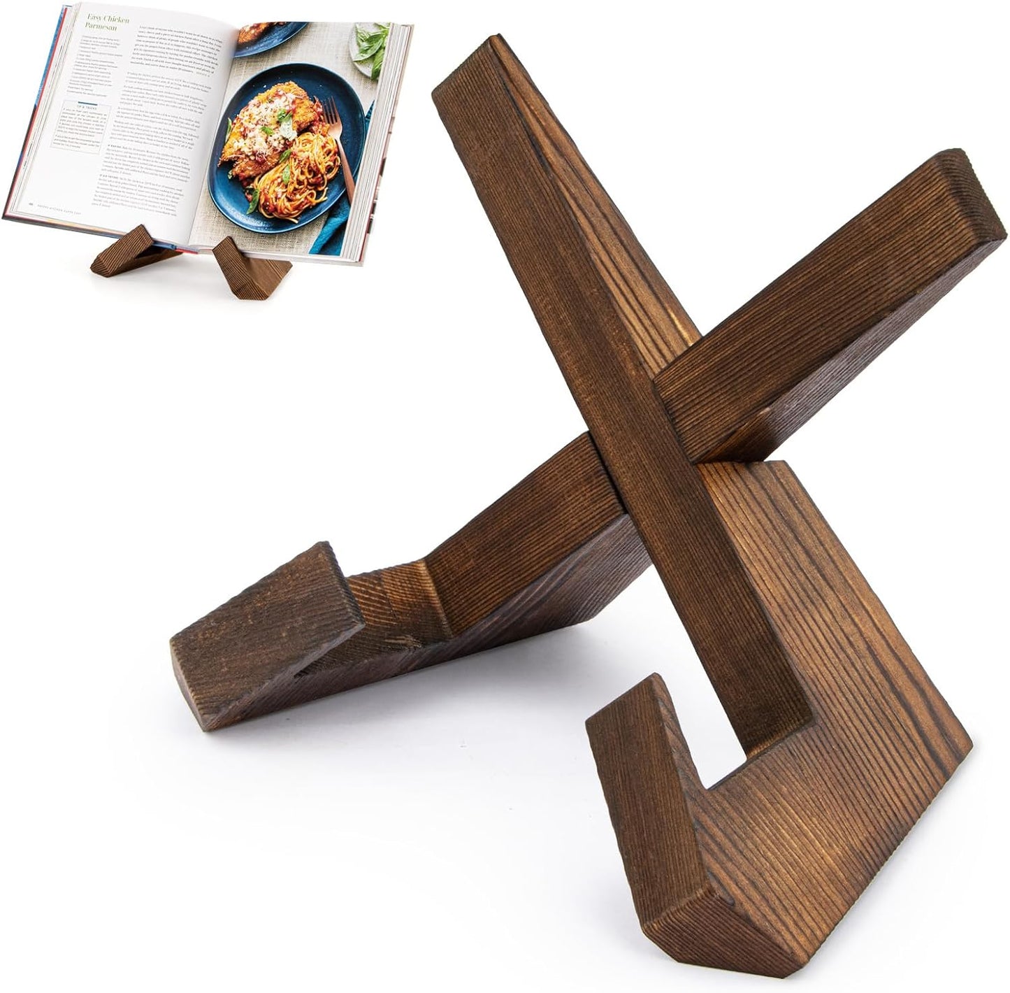 Cookbook Stand for Kitchen, Recipe Book Holder for Kitchen Counter | Wooden Cookbook Holder, Rustic Cook Book Holder Stand - Rustic Brown - 1 Set