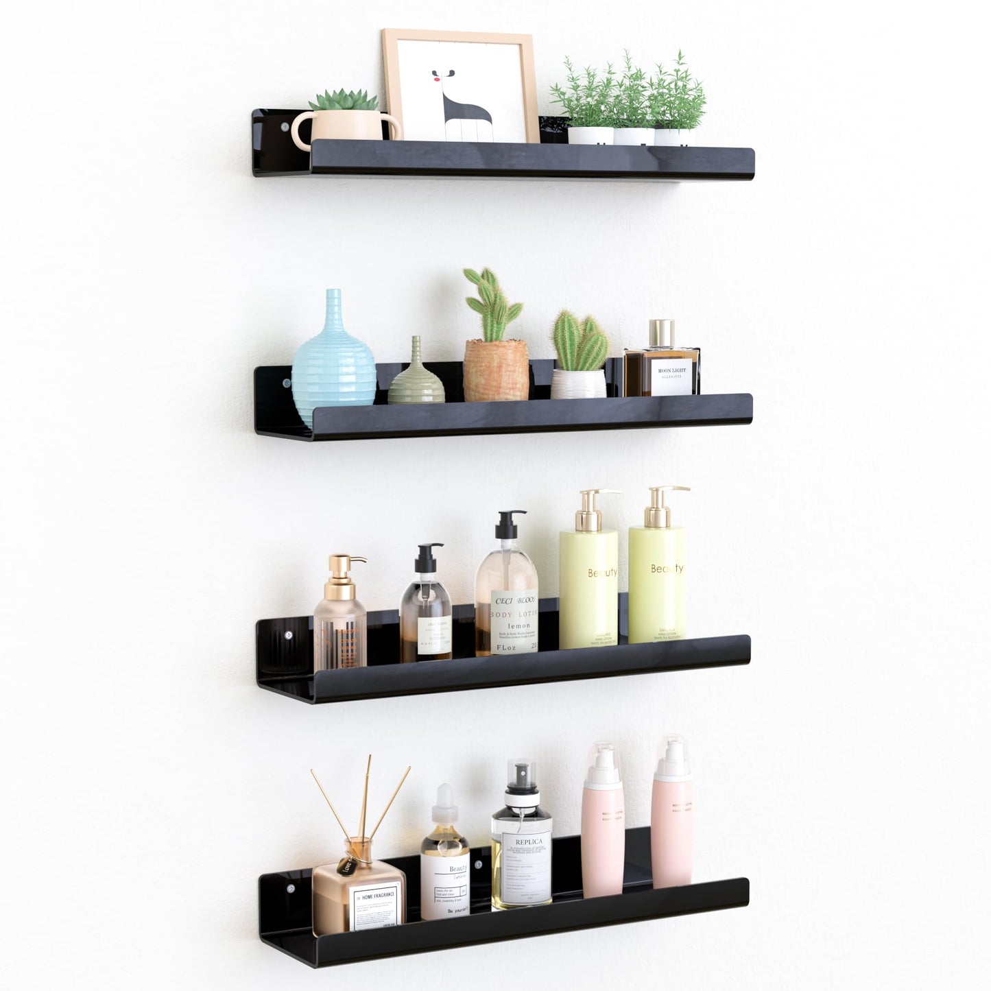 upsimples 4 Pcs 15" Acrylic Shelves for Wall Storage and Organizer, Clear | Transparent Design Highlights Skincare, Perfume, Easy-to-Find Versatile Floating Shelves for Bathroom, Bedroom and Playroom