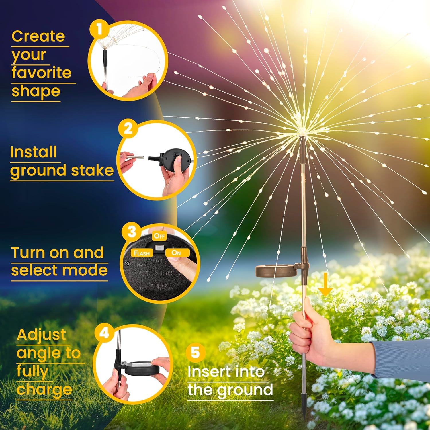GIGALUMI 2 Pack Solar Firework Lights Outdoor, Garden Decor, Warm White | 120 LEDs, Fairy Design, Waterproof, Garden Decor, Solar Powered for Yard, Pathway, Flowerbed, Planter, Balcony, Gifts for Mom