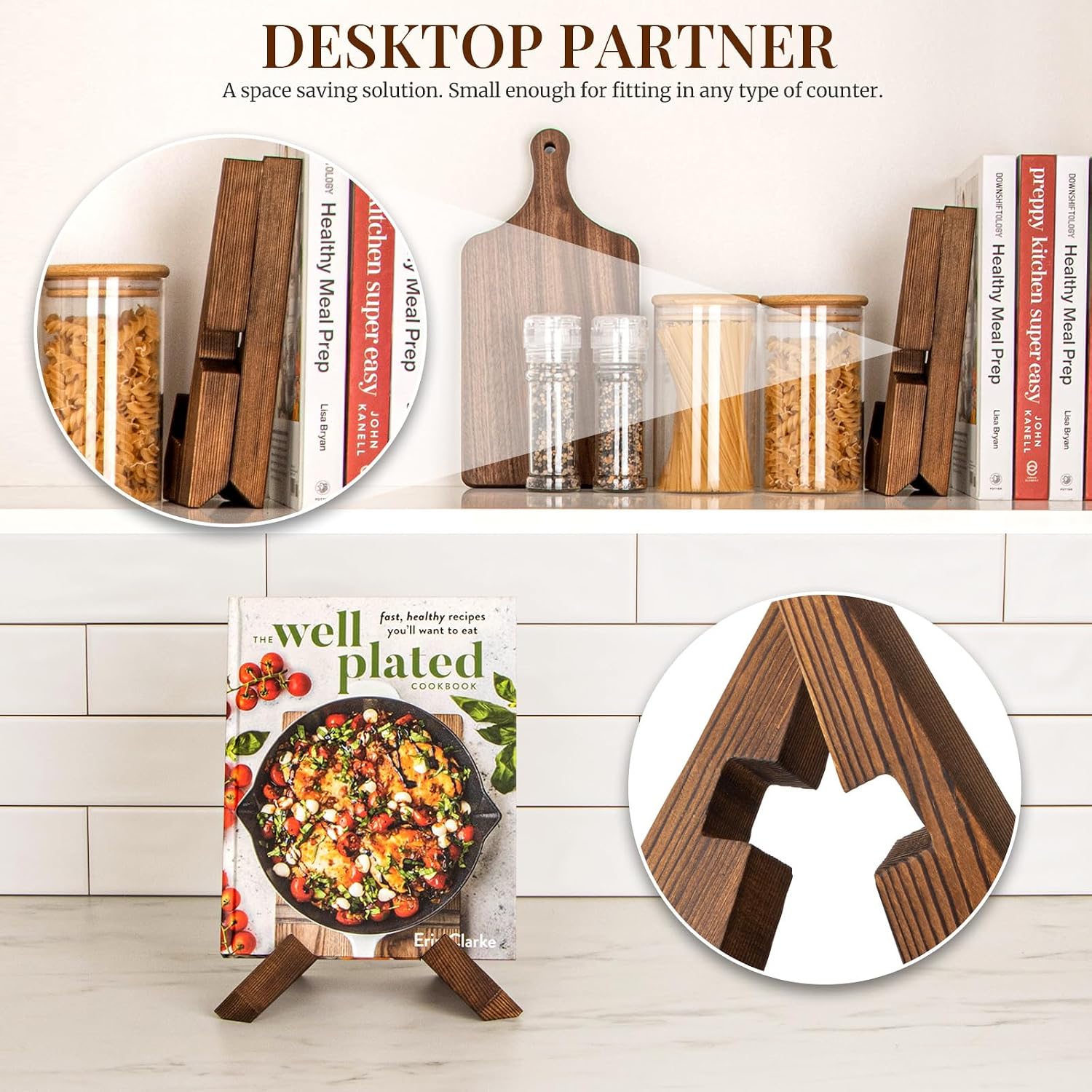 Cookbook Stand for Kitchen, Recipe Book Holder for Kitchen Counter | Wooden Cookbook Holder, Rustic Cook Book Holder Stand - Rustic Brown - 1 Set
