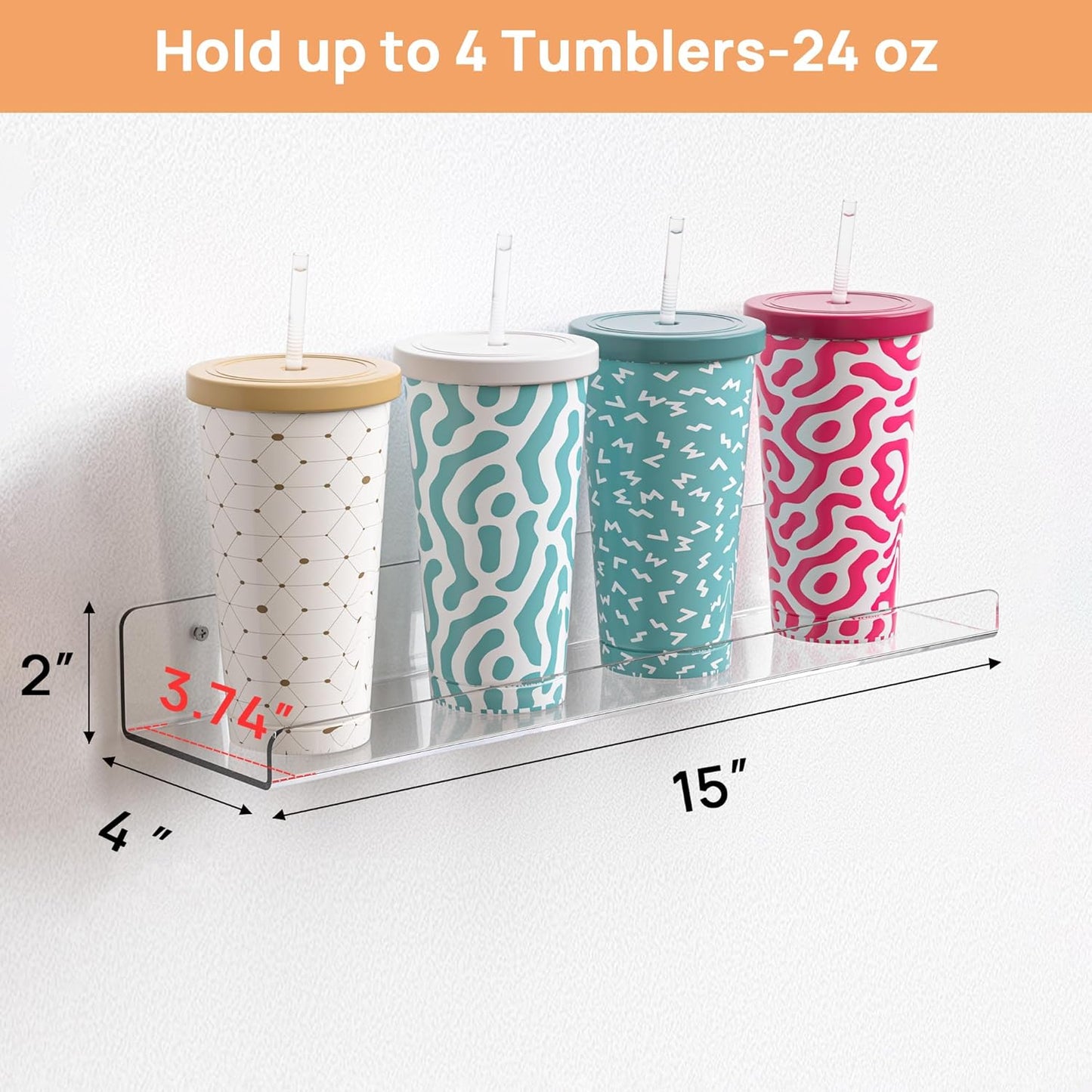 upsimples 4 Pcs 15" Acrylic Shelves for Wall Storage and Organizer, Clear | Transparent Design Highlights Skincare, Perfume, Easy-to-Find Versatile Floating Shelves for Bathroom, Bedroom and Playroom