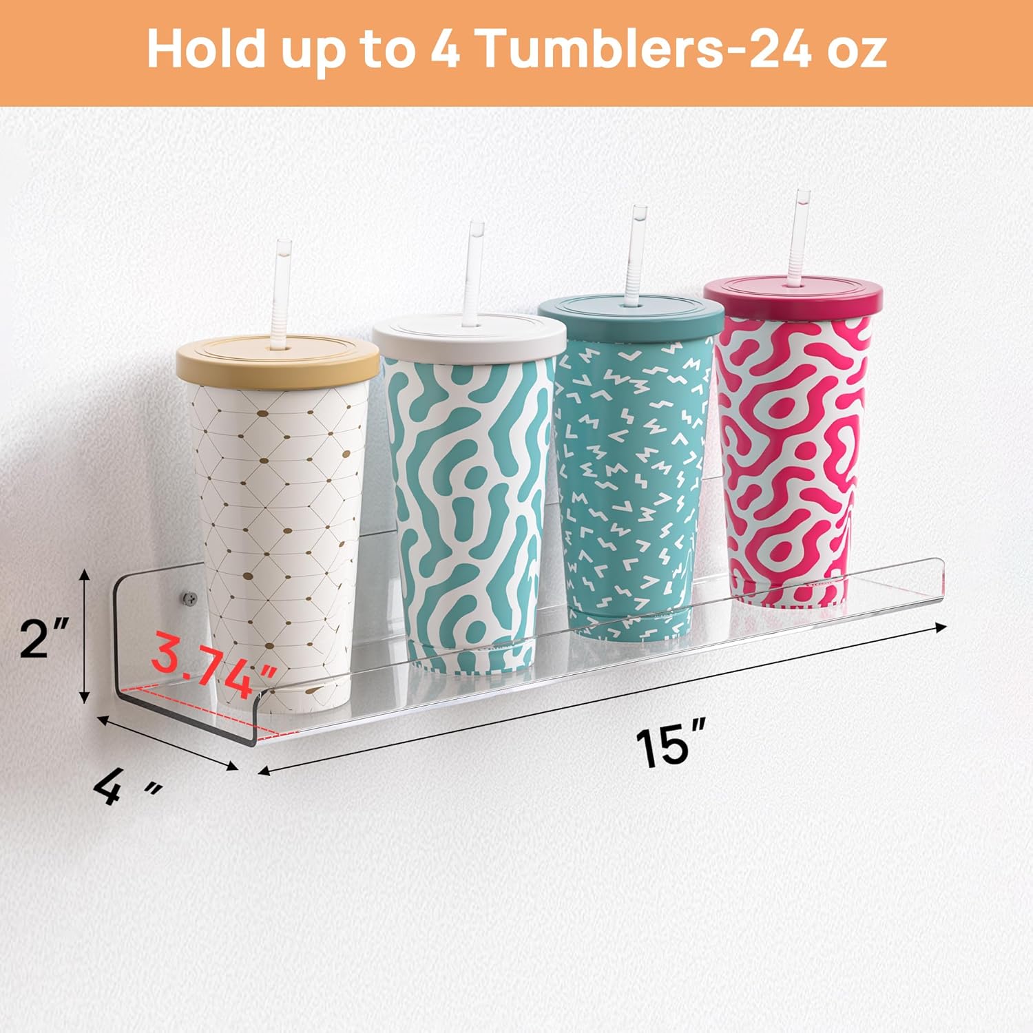 upsimples 4 Pcs 15" Acrylic Shelves for Wall Storage and Organizer, Clear | Transparent Design Highlights Skincare, Perfume, Easy-to-Find Versatile Floating Shelves for Bathroom, Bedroom and Playroom