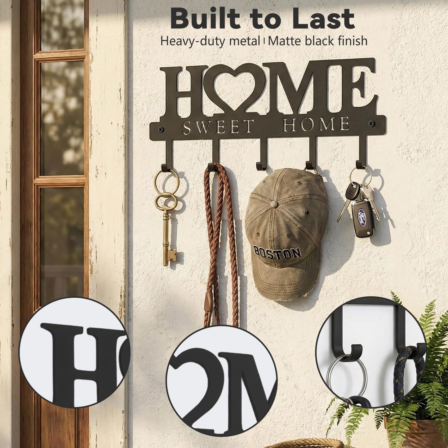 Entryway Wall Key Holder with 5 Hooks, Metal Key Rack Wall Mount for Keys, Bags and Leashes, Decorative Organizer for Entryway, Mudroom or Hallway, Sweet Home Design, 9.8 inches, Black