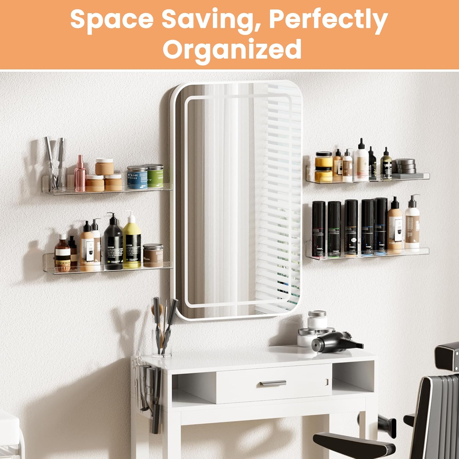 upsimples 4 Pcs 15" Acrylic Shelves for Wall Storage and Organizer, Clear | Transparent Design Highlights Skincare, Perfume, Easy-to-Find Versatile Floating Shelves for Bathroom, Bedroom and Playroom
