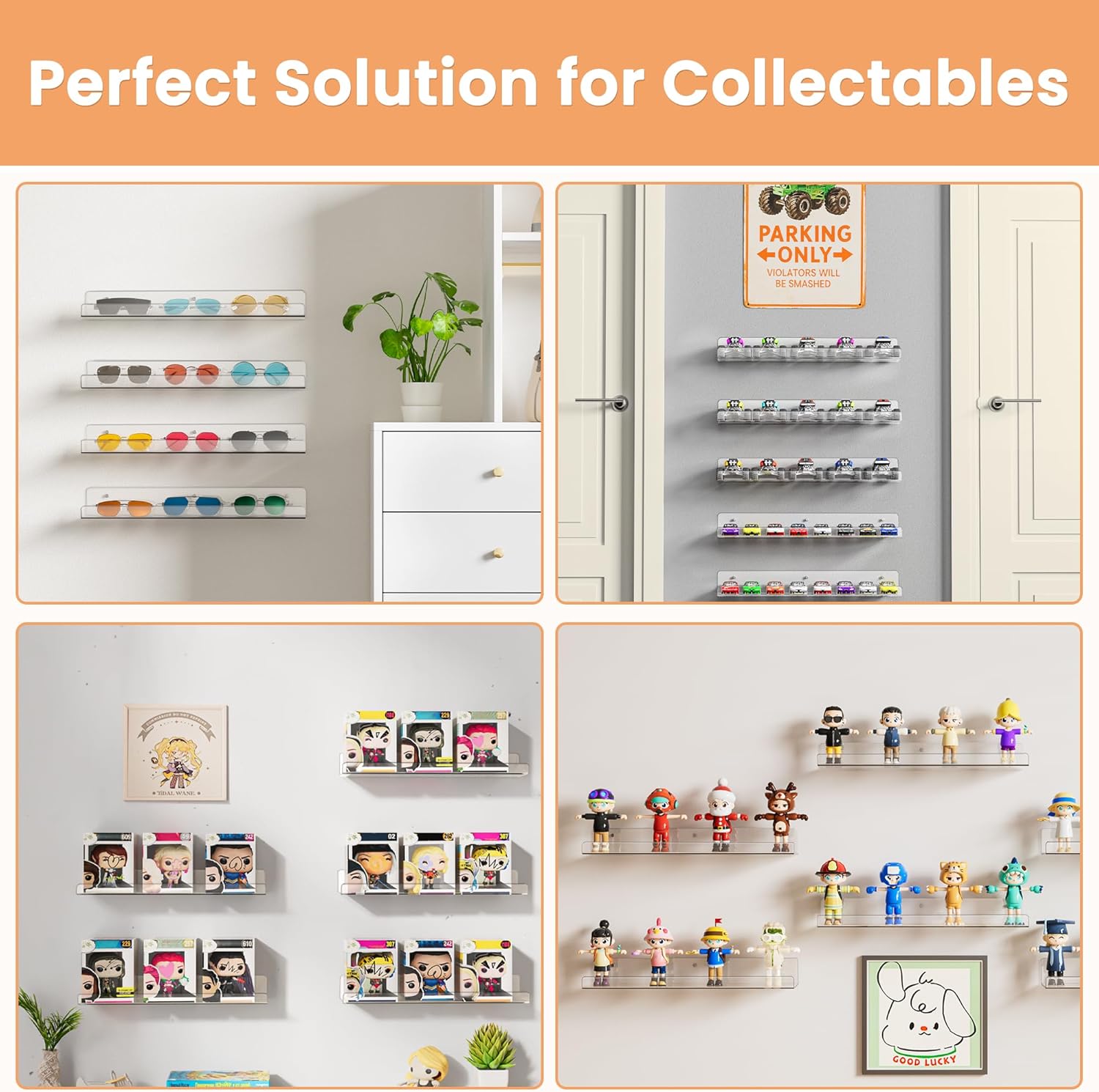 upsimples 4 Pcs 15" Acrylic Shelves for Wall Storage and Organizer, Clear | Transparent Design Highlights Skincare, Perfume, Easy-to-Find Versatile Floating Shelves for Bathroom, Bedroom and Playroom