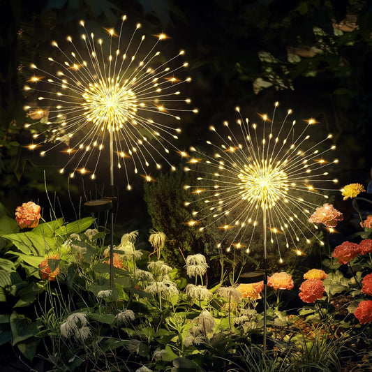 GIGALUMI 2 Pack Solar Firework Lights Outdoor, Garden Decor, Warm White | 120 LEDs, Fairy Design, Waterproof, Garden Decor, Solar Powered for Yard, Pathway, Flowerbed, Planter, Balcony, Gifts for Mom